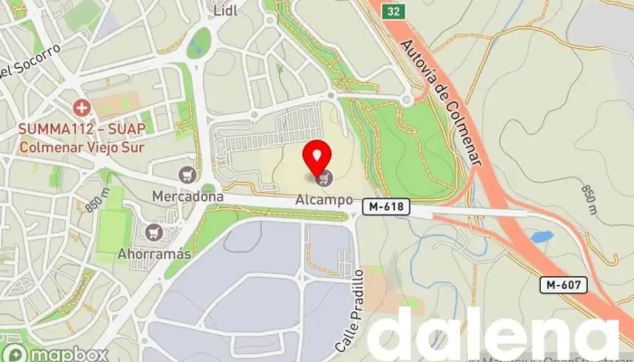 mapa de Alcampo Hipermercado, Tienda de artículos para bebés, Panadería, Carnicería, Tienda de cosméticos, Pescadería, Mercado de alimentos frescos, Frutería, Tienda de artículos para el hogar, Tienda de productos para mascotas en Colmenar Viejo